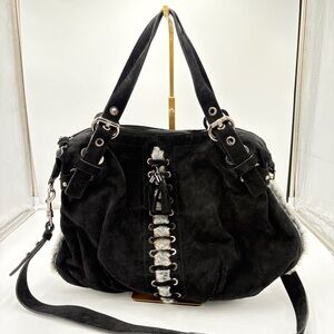 Stuart Weitzman Black Suede Corset Grommet Lace Up Hobo Shoulder Bag Purse Boho